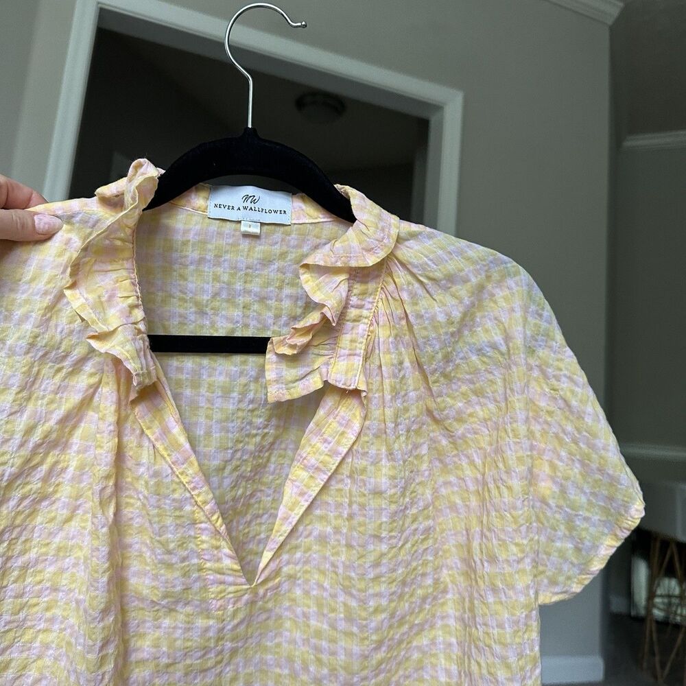 Anthropologie Never a Wallflower High ruffle gingham oversized gauzy top sz L